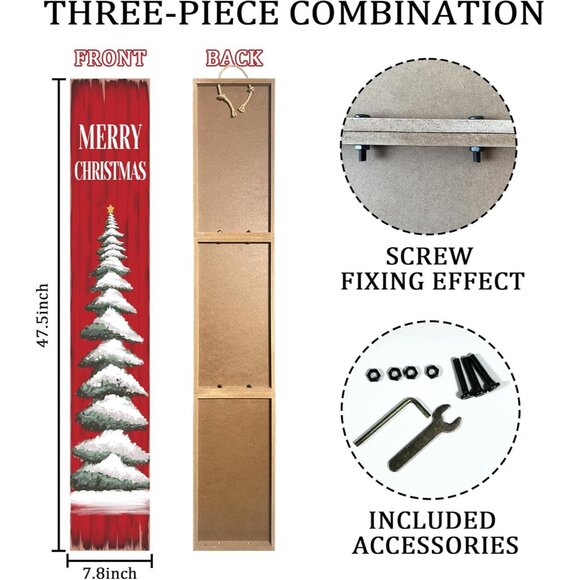 Wooden Merry Christmas Sign Red Snowy Tree Stackable Panels Holiday Cheer Decor - Picture 2 of 16